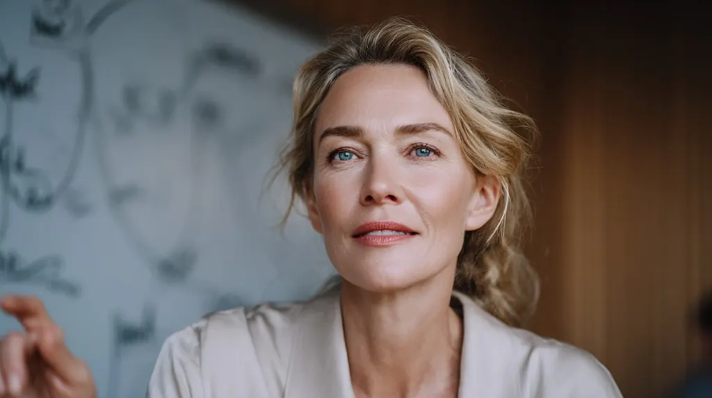 Professional woman in a modern office looking thoughtfully aside during a strategy discussion