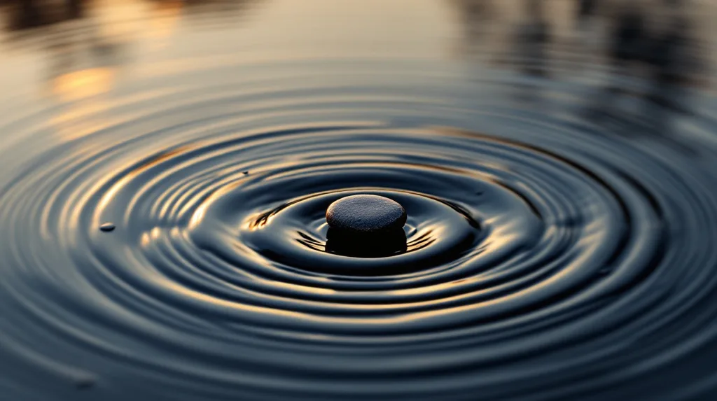 Ripples spreading across still dark water from a single dropped pebble at dusk