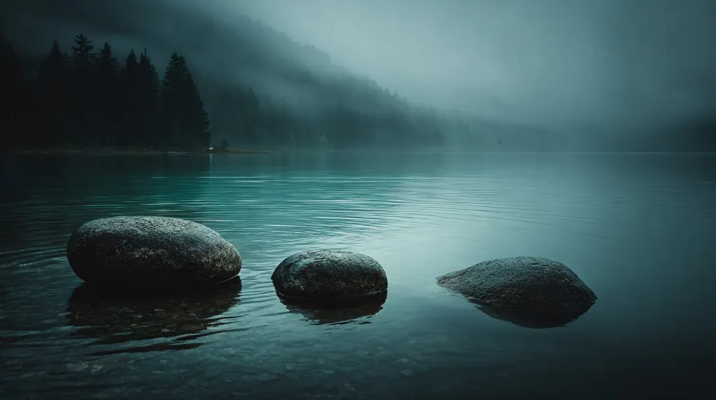 Three dark stones in still water, with a foggy forest shoreline beyond