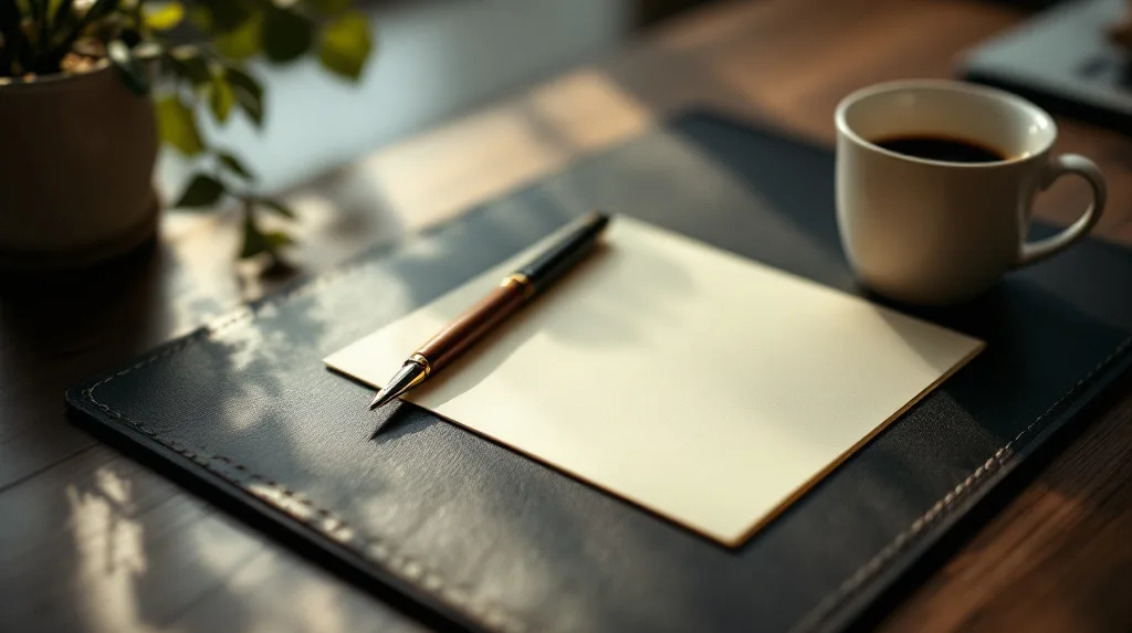 Single sheet of cream paper and a fountain pen on a leather desk pad beside an espresso cup
