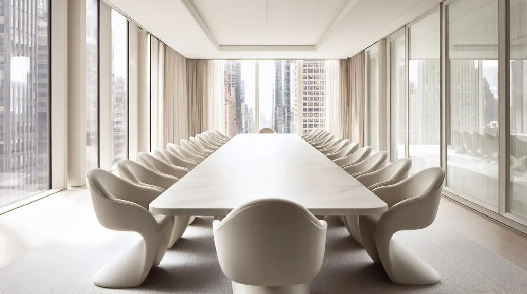 A bright modern boardroom with a long marble conference table facing a city skyline