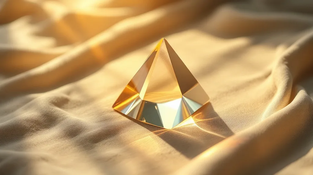 Glass prism on linen splitting a single beam of warm light into several soft bands