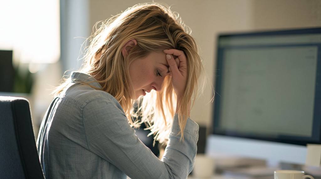 Woman at a desk holding her forehead in frustration beside a computer monitor