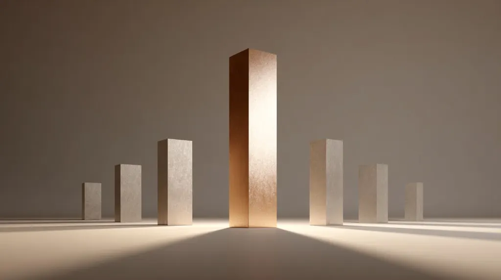 A tall glowing gold pillar standing among shorter gray pillars, representing a brand that stands out