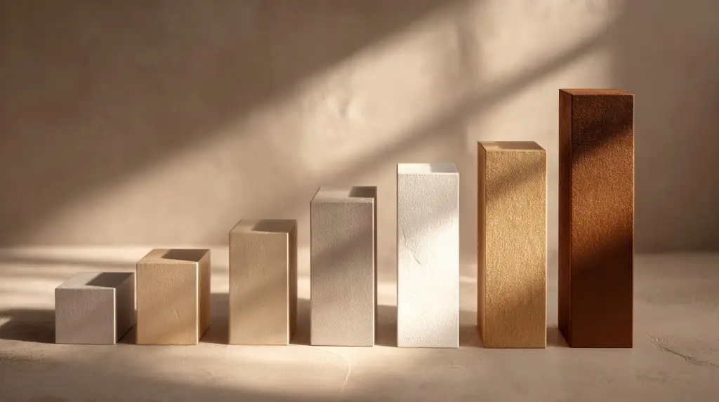 Ascending series of textured blocks in warm neutrals casting long diagonal shadows, like a bar chart
