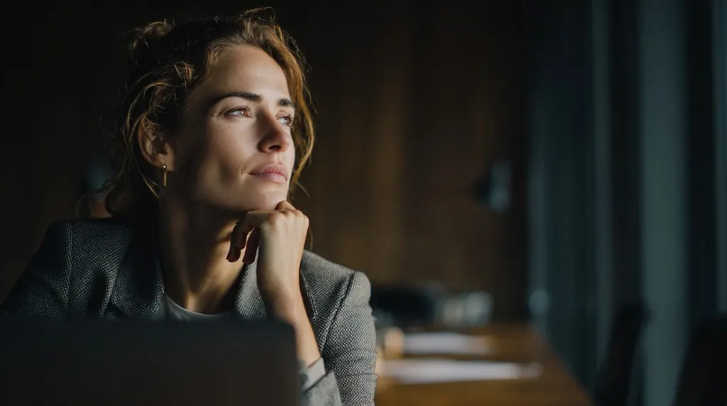 A professional woman in thought at a desk, chin resting on her hand