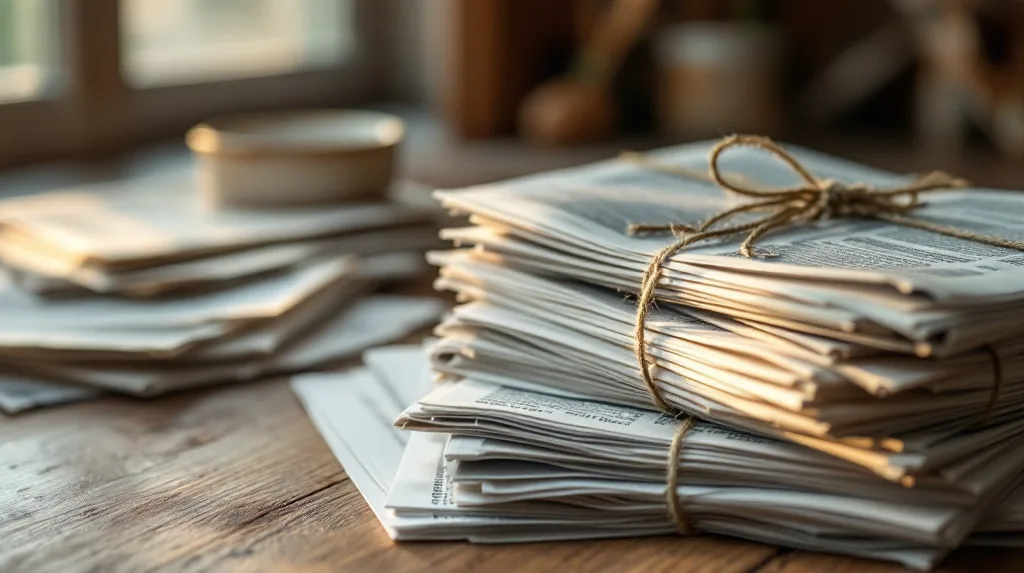 Loose newspaper clippings gathered into a few neat stacks on a wooden desk, one stack tied with twine