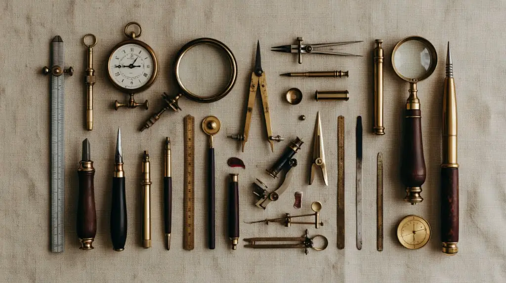 Orderly arrangement of brass and wood measuring tools, magnifying glasses, and drafting instruments on a textured canvas