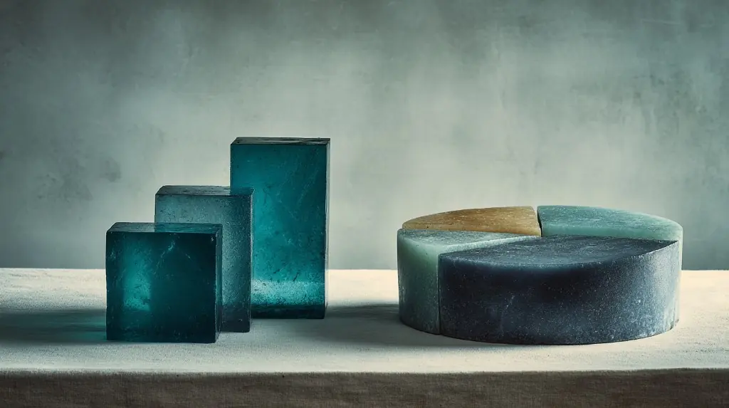Sculptural teal bar blocks and a segmented pie form representing modern PR measurement analytics
