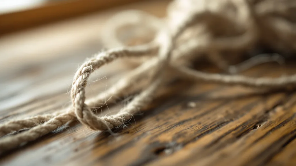 Loose strands of thread on a wooden desk being drawn together into a single braided cord