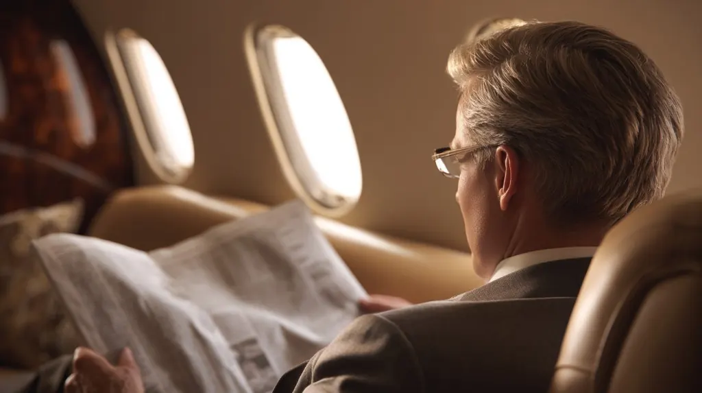 Executive in a private jet cabin reading a newspaper beside sunlit aircraft windows