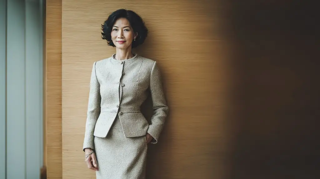 A confident executive in a beige tweed suit standing in a modern office