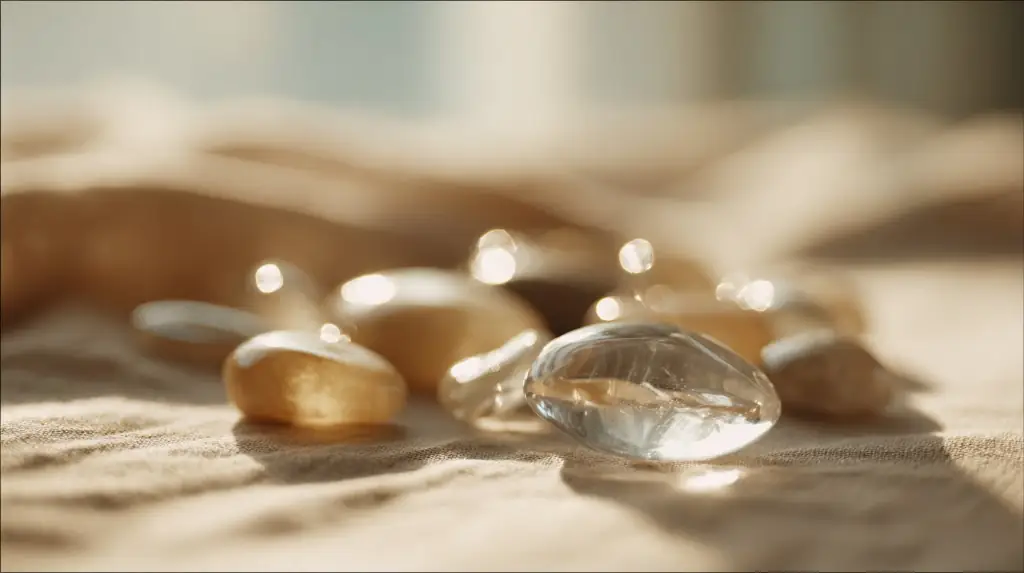 Polished gemstones on linen in warm afternoon light, with a clear crystal in the foreground