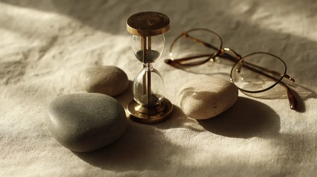 Hourglass, reading glasses, and smooth stones on linen in warm sunlight