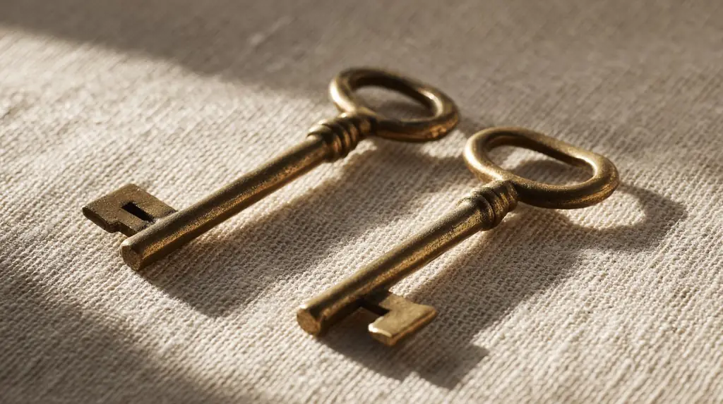 Two antique brass keys on a textured linen surface