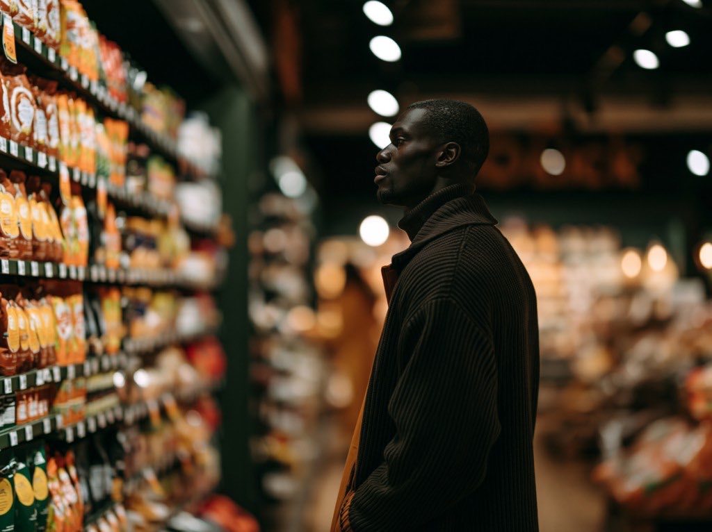 Man browsing grocery store shelves under warm aisle lights