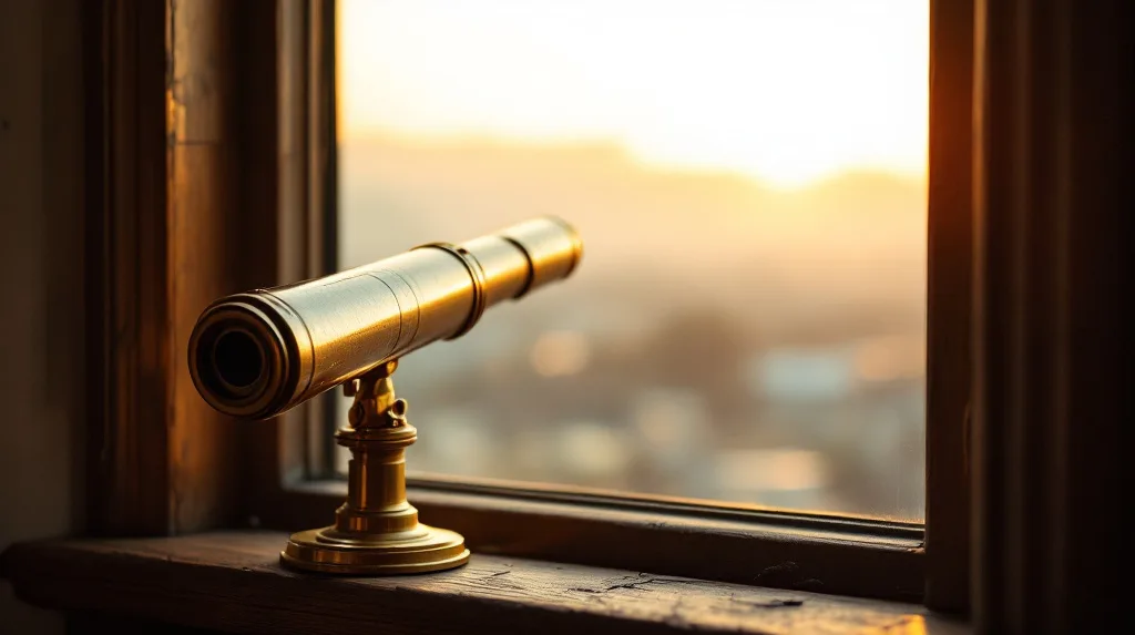 Weathered brass telescope on a wooden windowsill pointed toward a distant hazy horizon