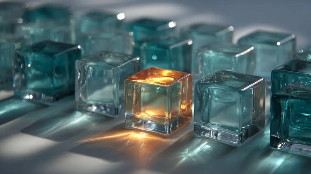 Grid of translucent teal glass cubes with one glowing amber cube highlighted in the foreground