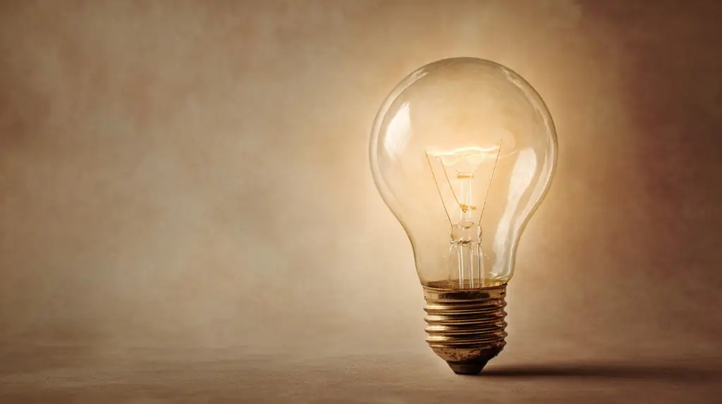 A glowing incandescent light bulb against a textured warm background, symbolizing insights and ideas
