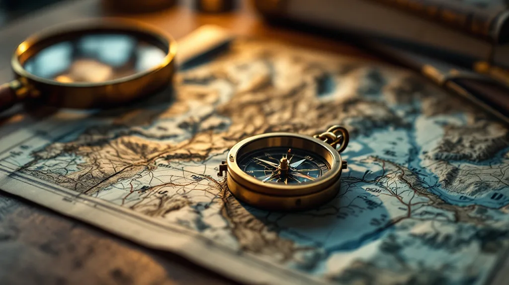 Brass compass resting on an unfolded topographic map beside a magnifying glass