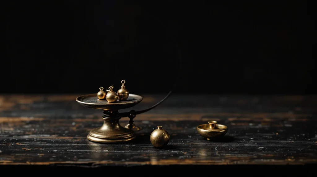 Antique brass balance scale with weights of different sizes on a dark wooden table