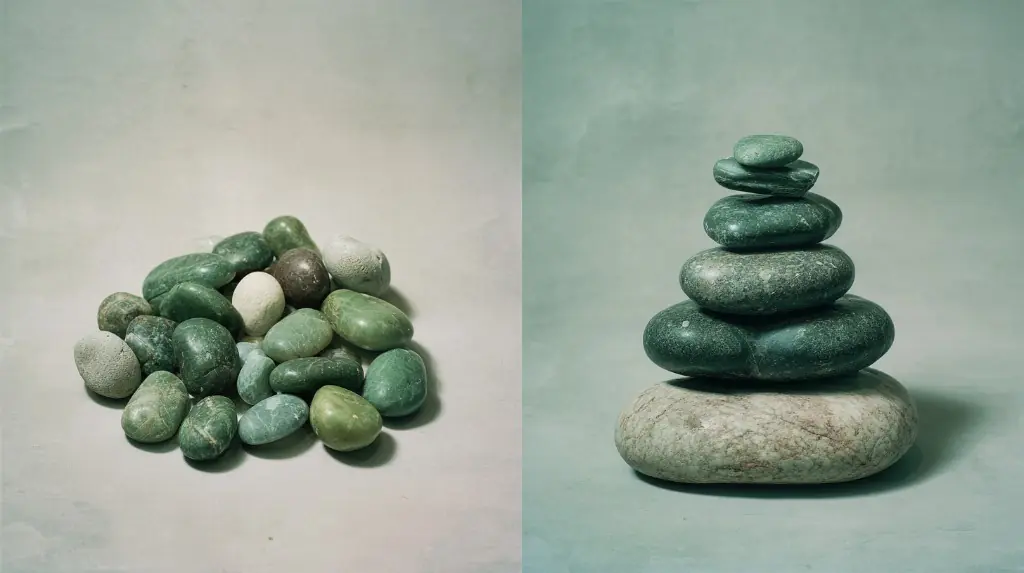 Side-by-side still life of scattered river stones and a balanced stone cairn representing media monitoring versus media intelligence