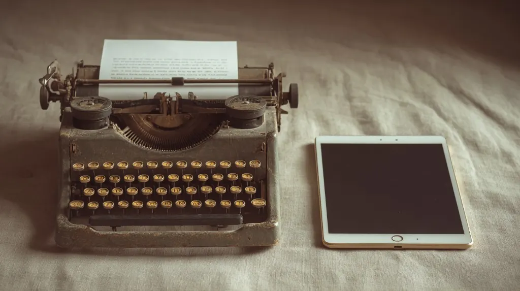 Vintage typewriter beside a modern tablet on a light fabric surface