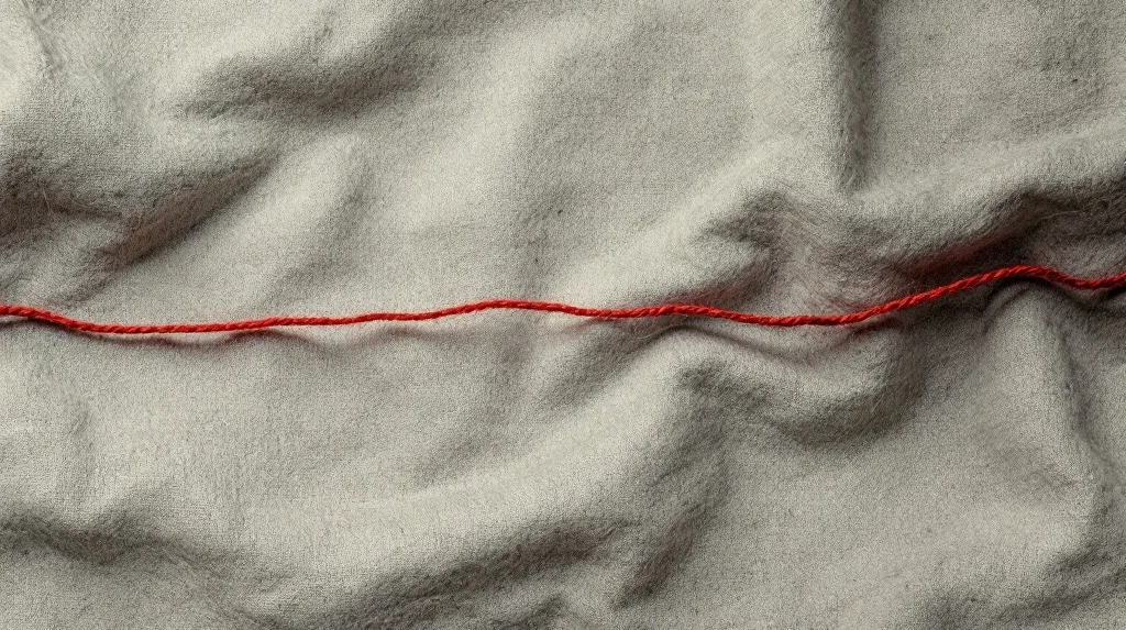 Single red thread running through a loose tangle of grey wool on linen