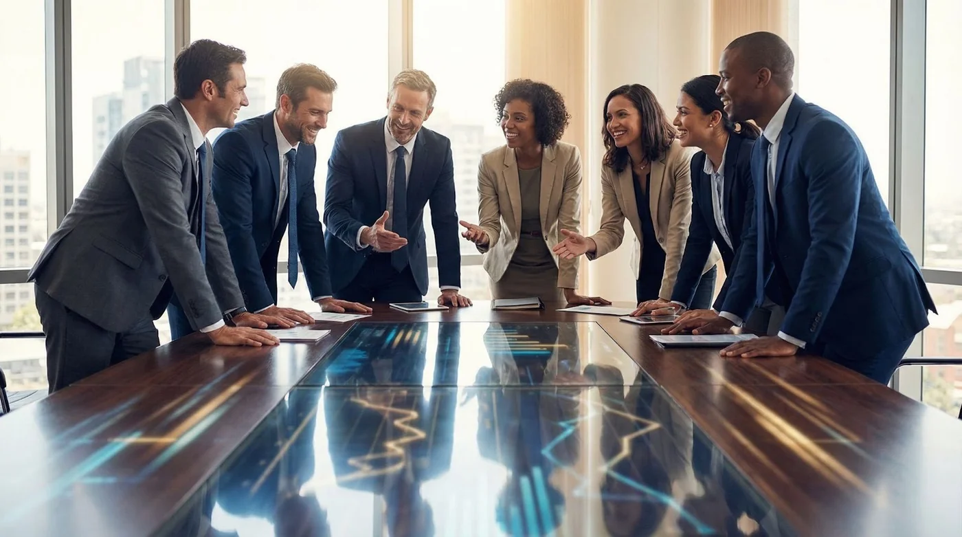 Executive team in strategic discussion in a modern boardroom with subtle data reflections on the conference table