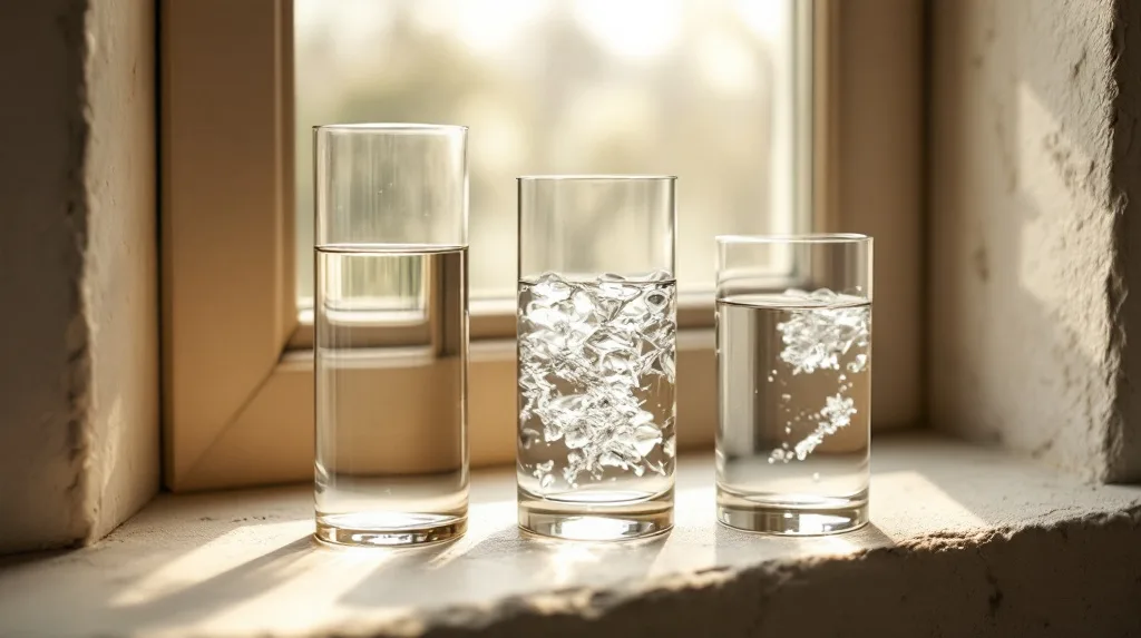 Three glass cylinders of different heights filled to different levels on a stone windowsill