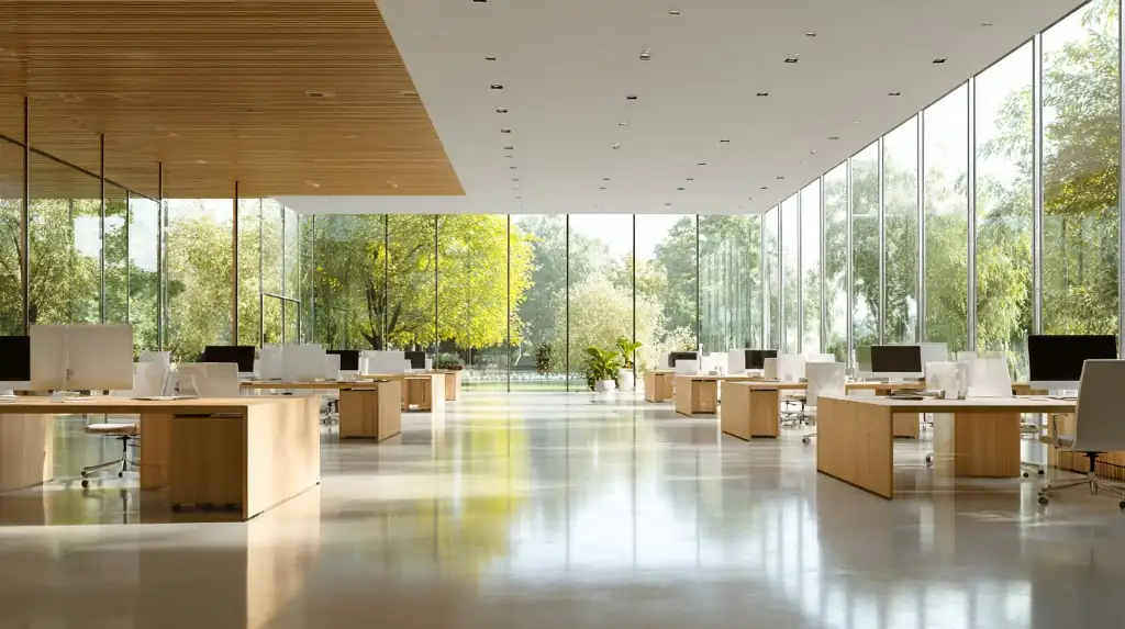 A bright open-plan office with wooden desks, white chairs, and floor-to-ceiling windows overlooking trees