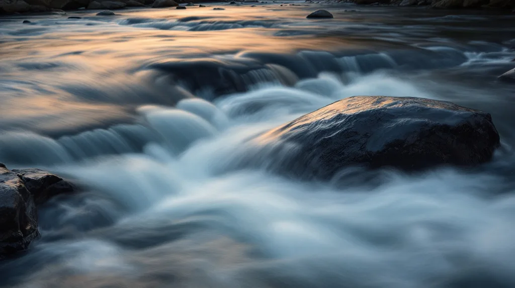 Long-exposure river rushing past a single still boulder in warm evening light