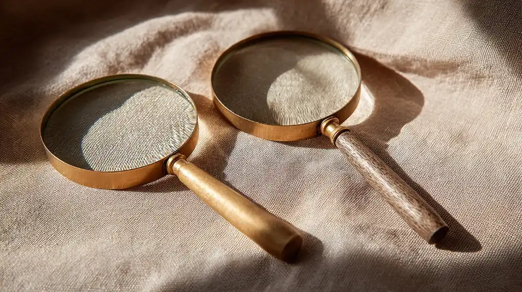 Two vintage magnifying glasses with brass and wooden handles resting on a textured beige fabric