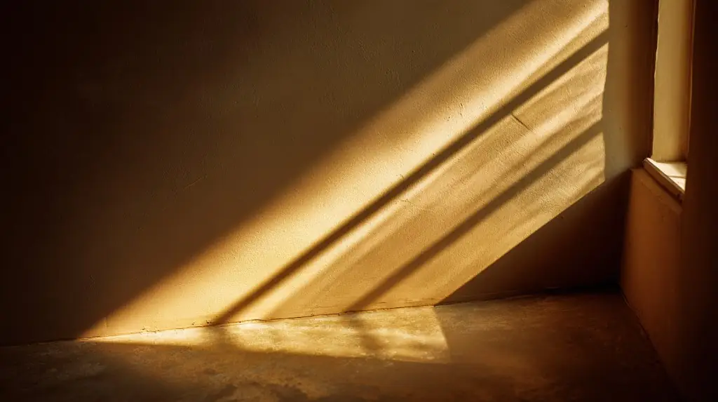 Dramatic diagonal rays of golden sunlight casting long shadows across a textured plaster wall and floor