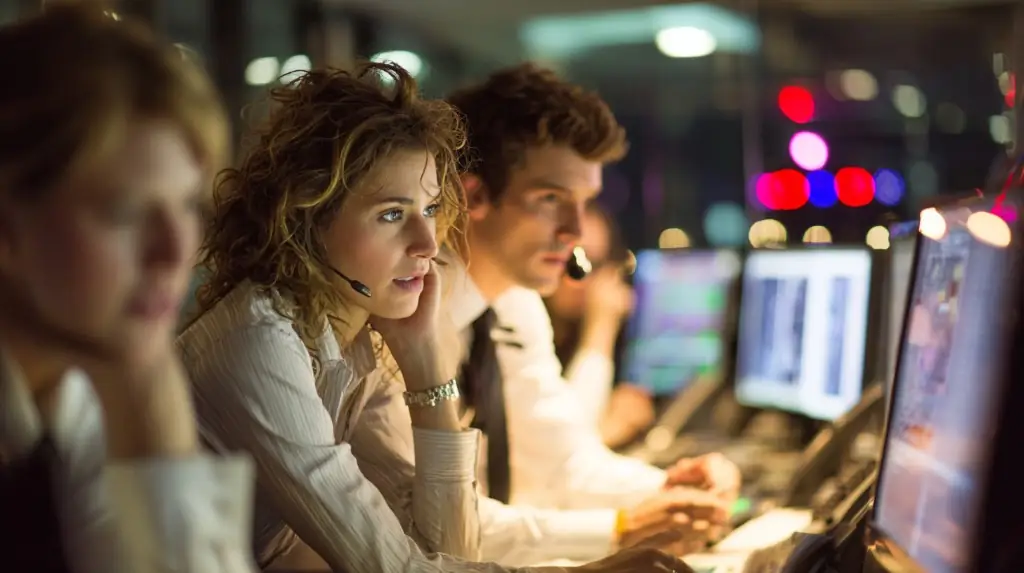 Communications professionals wearing headsets and watching real-time data on multiple screens
