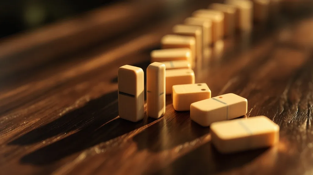 Line of wooden dominoes on a walnut table with the first few fallen
