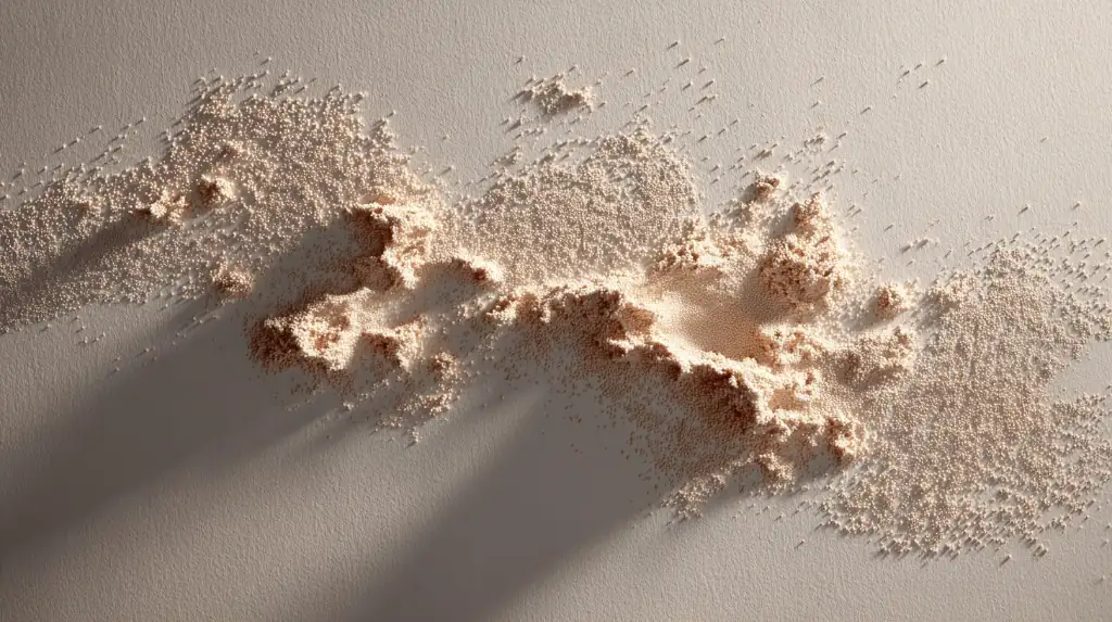 Tiny cream-colored beads clustered into mountain-like peaks on a beige surface