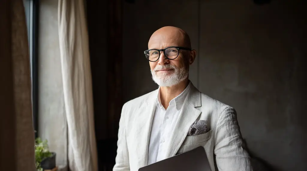 A confident executive in a cream blazer holding a laptop by a window